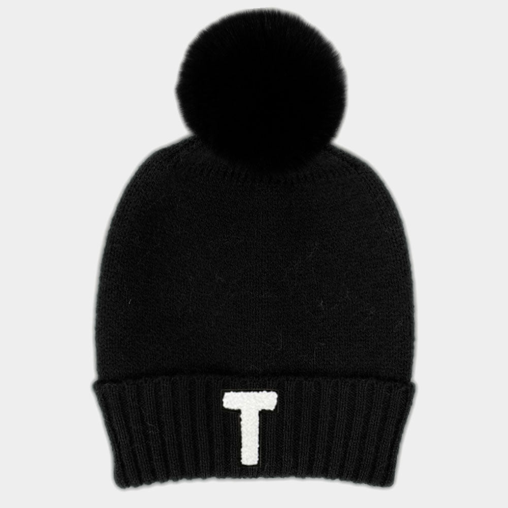 HATEGORY -T- Initial Monogram Faux Fur Pom Pom Knit Beanie Hat