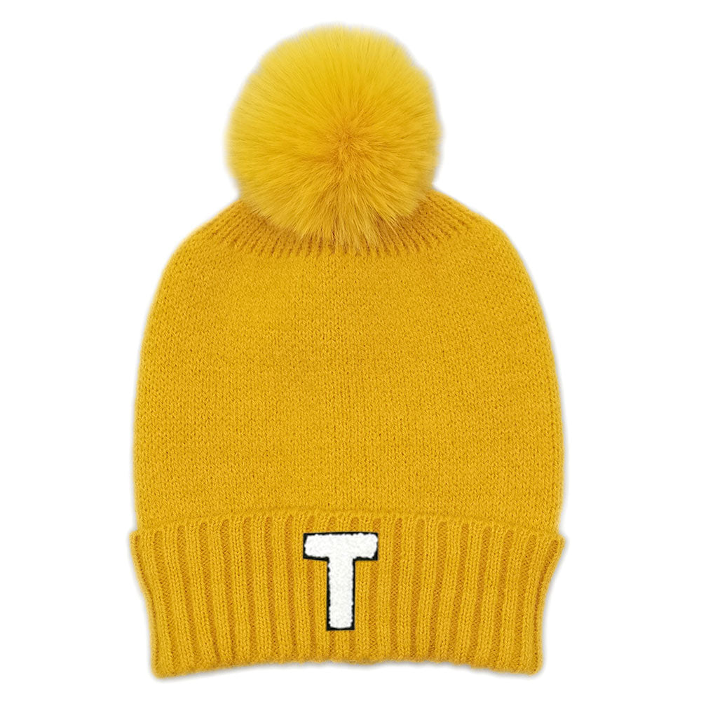 HATEGORY -T- Monogram Faux Fur Pom Pom Knit Beanie Hat
