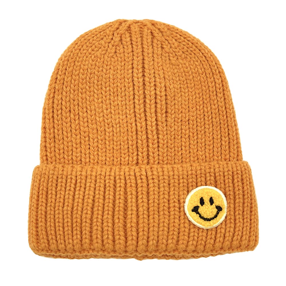 HATEGORY SMILE Patch Pointed Ribbed Knit Beanie Hat