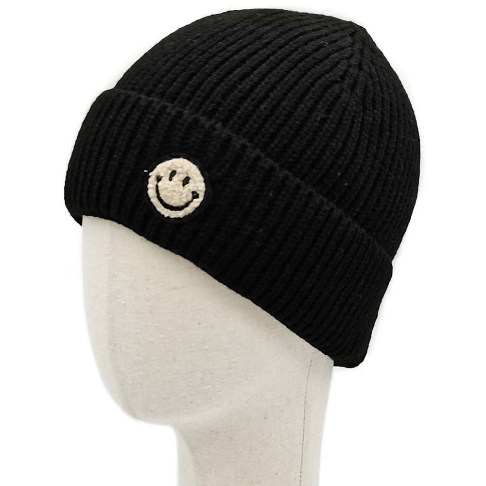 HATEGORY Smile Patch Ribbed Cuff Knit Beanie Hat