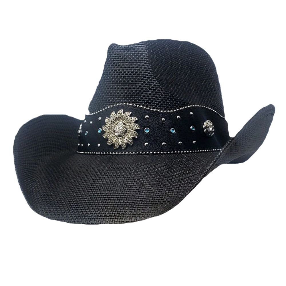 HATEGORY Vintage Metal Western Flower Pointed Genuine Leather Straw Cowboy Hat