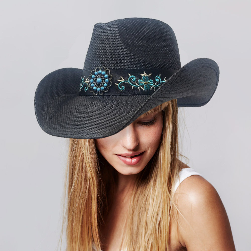 HATEGORY Turquoise Stone Western Flower Pointed Flower Embroidered Genuine Leather Band Straw Cowboy Hat