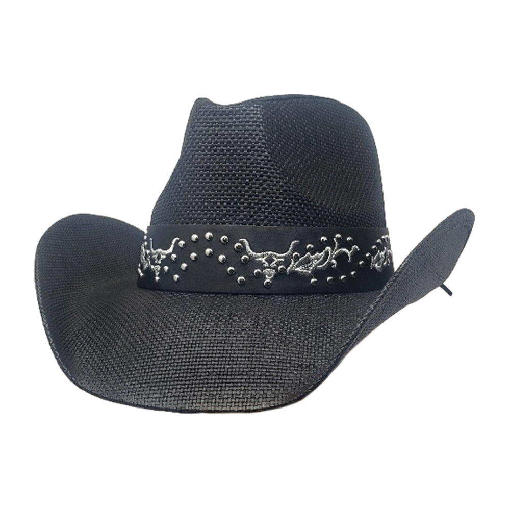 HATEGORY Western Metal Steel Head Studded Genuine Leather Band Straw Cowboy Hat