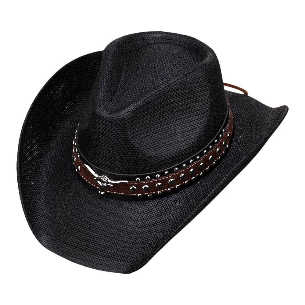 HATEGORY Metal Steer Head Studded Faux Leather Band Western Straw Cowboy Fedora Hat