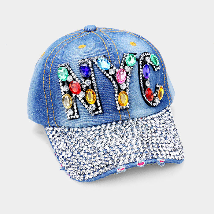HATEGORY "NYC" Bling Stone Embellished Denim Baseball Cap