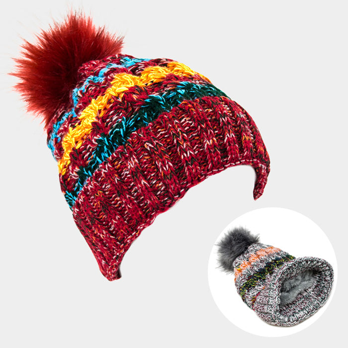HATEGORY Multi Colored Striped Pom Pom Beanie Hat
