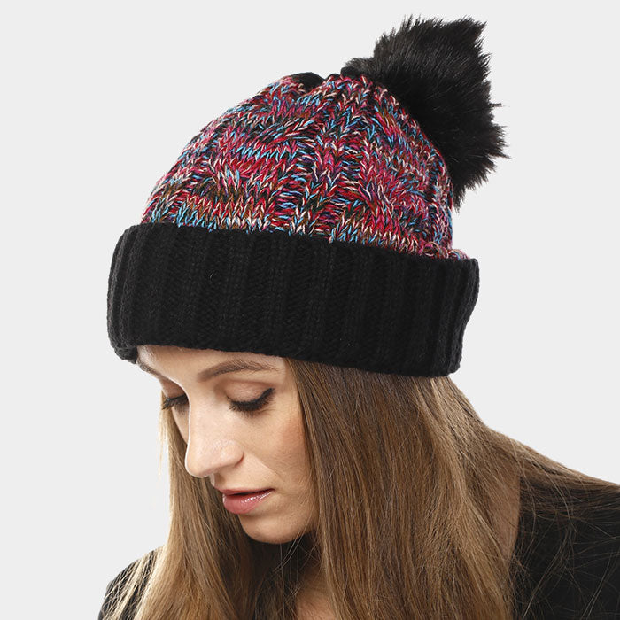 HATEGORY Multi Color Cable Knit Pom Pom Beanie Hat