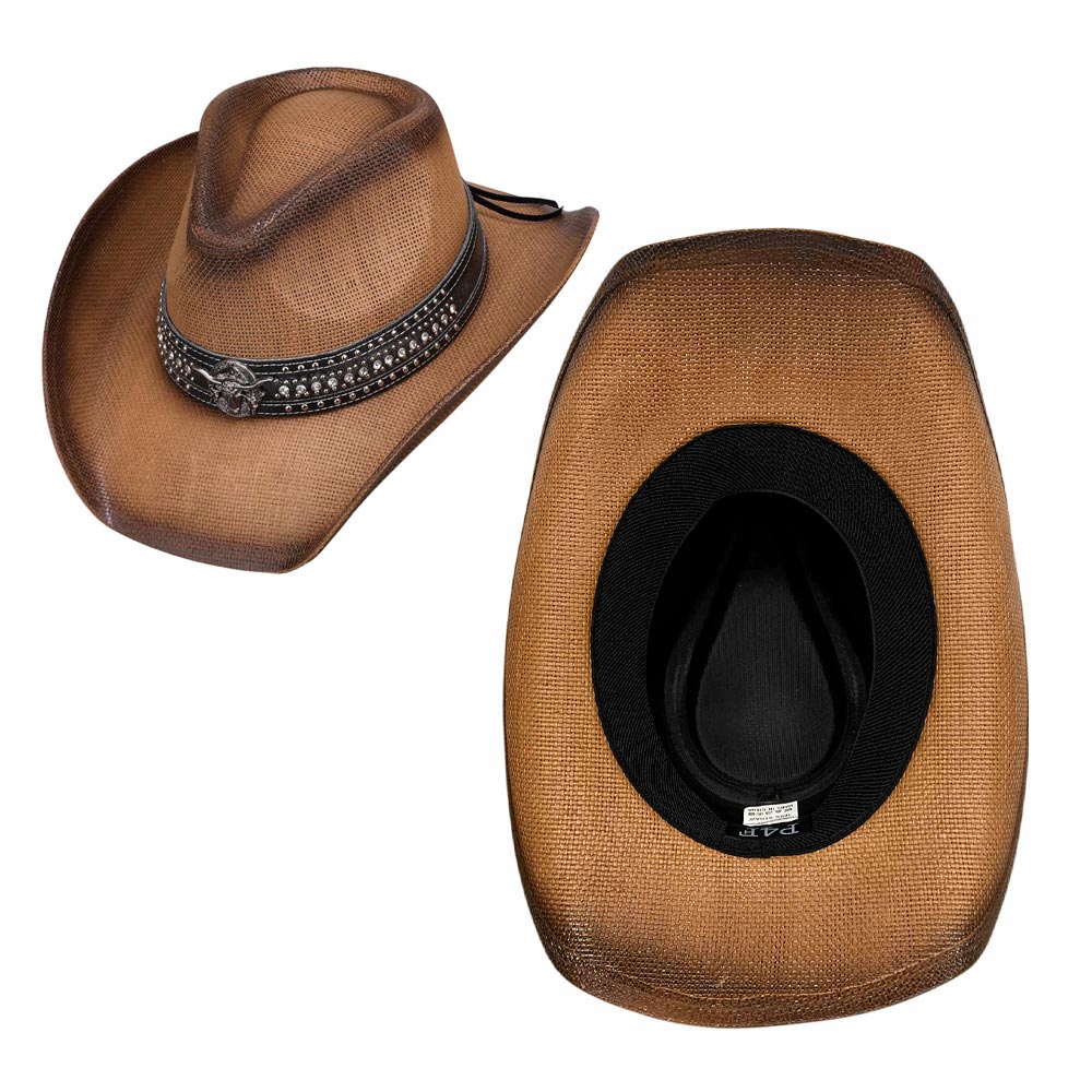 HATEGORY Metal Steer Head Studded Faux Leather Band Western Straw Cowboy Fedora Hat