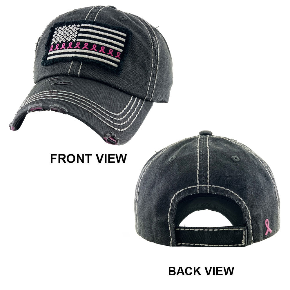 HATEGORY American USA Flag Pink Ribbon Vintage Baseball Cap