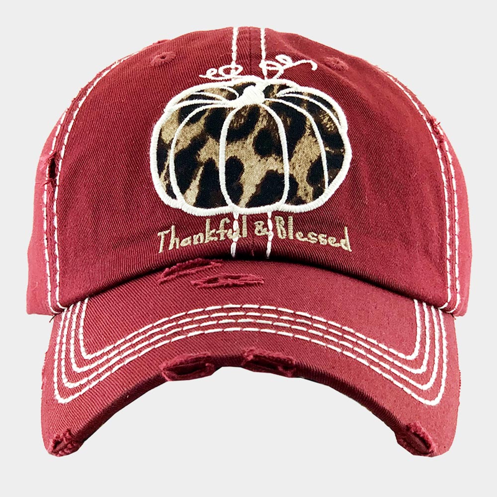 HATEGORY Leopard Patterned Pumpkin Accented Thankful & Blessed Vintage Baseball Cap