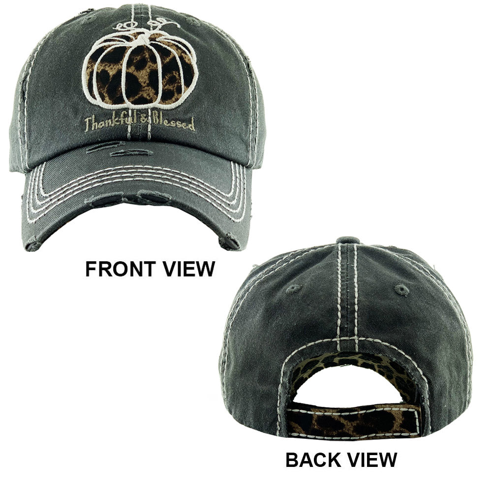 HATEGORY Leopard Patterned Pumpkin Accented Thankful & Blessed Vintage Baseball Cap