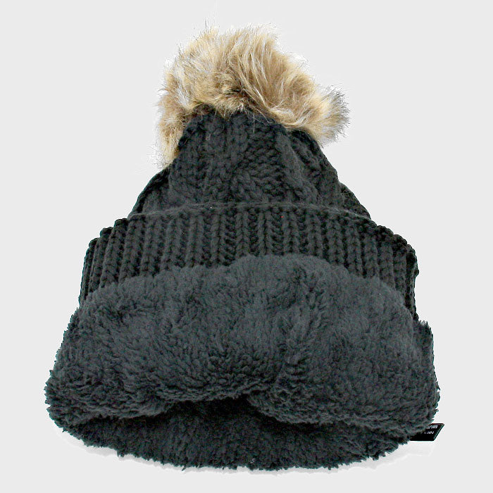 HATEGORY Fleece Lined Pom Pom Faux Fur Cable Knit Beanie Hat