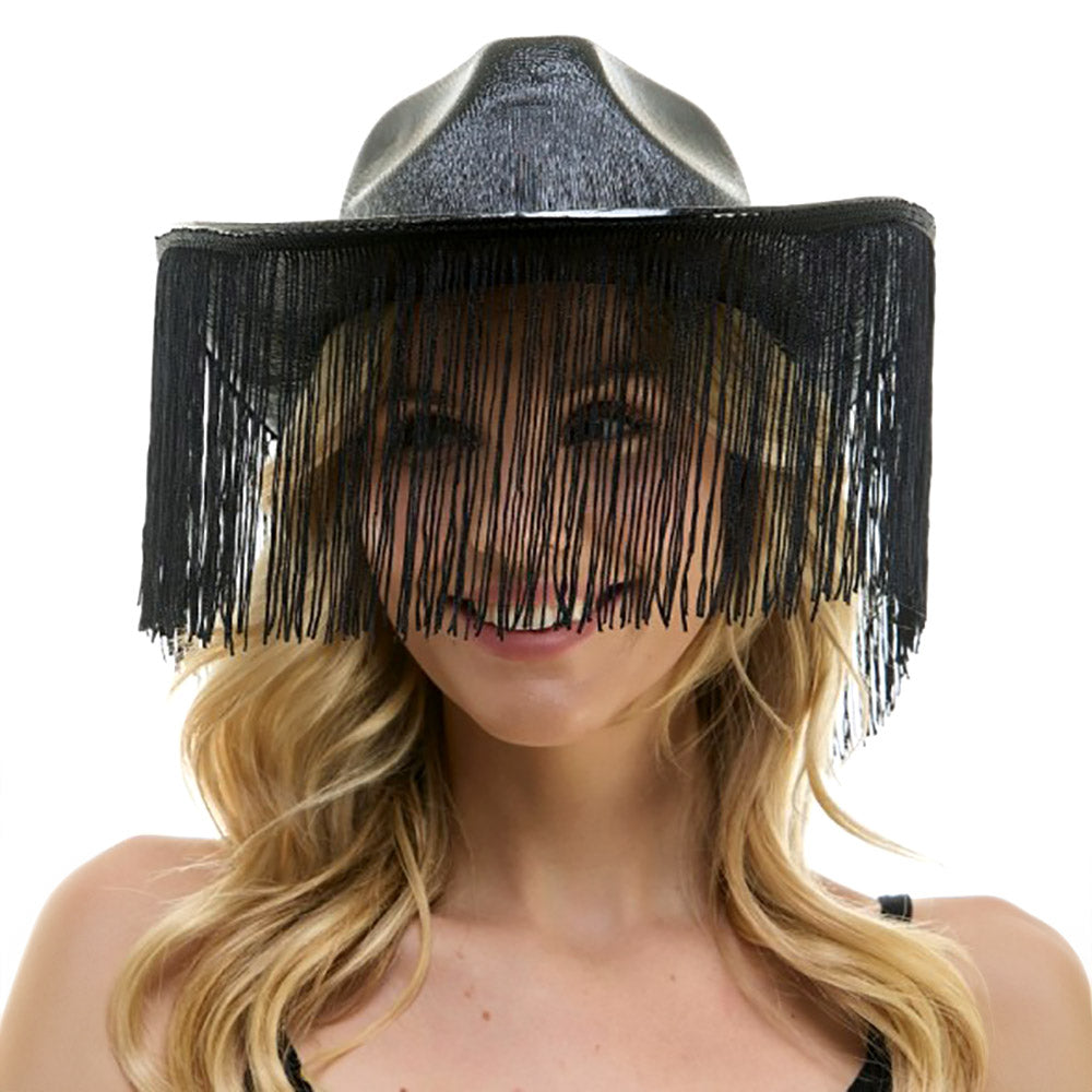 HATEGORY Shiny Western Cowboy Hat with Fringe