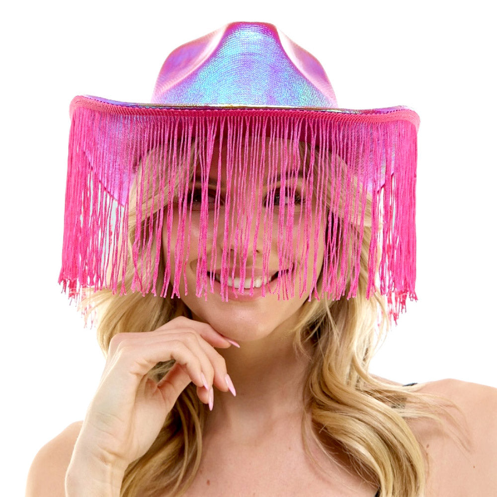 HATEGORY Shiny Western Cowboy Hat with Fringe