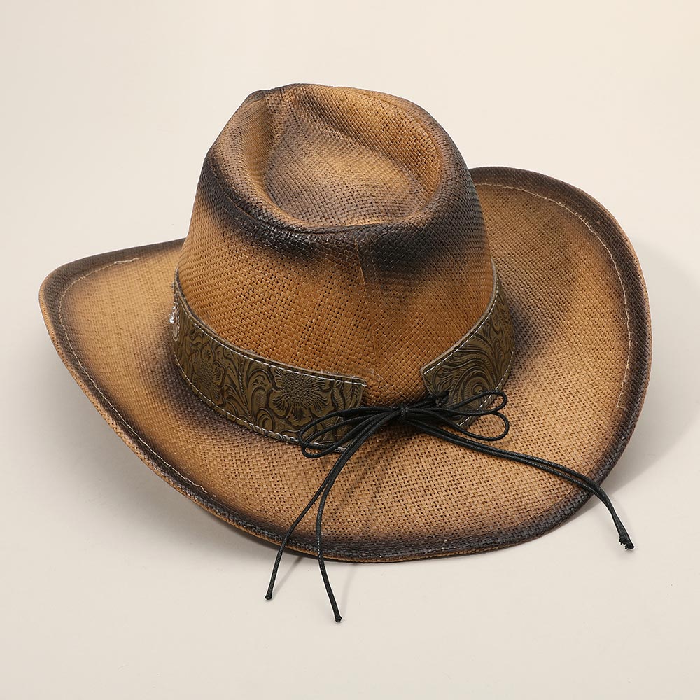 HATEGORY Stone Stud Leather Band Ornate Brim Western Straw Cowboy Fedora Hat