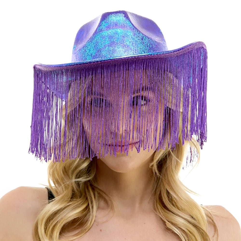 HATEGORY Shiny Western Cowboy Hat with Fringe