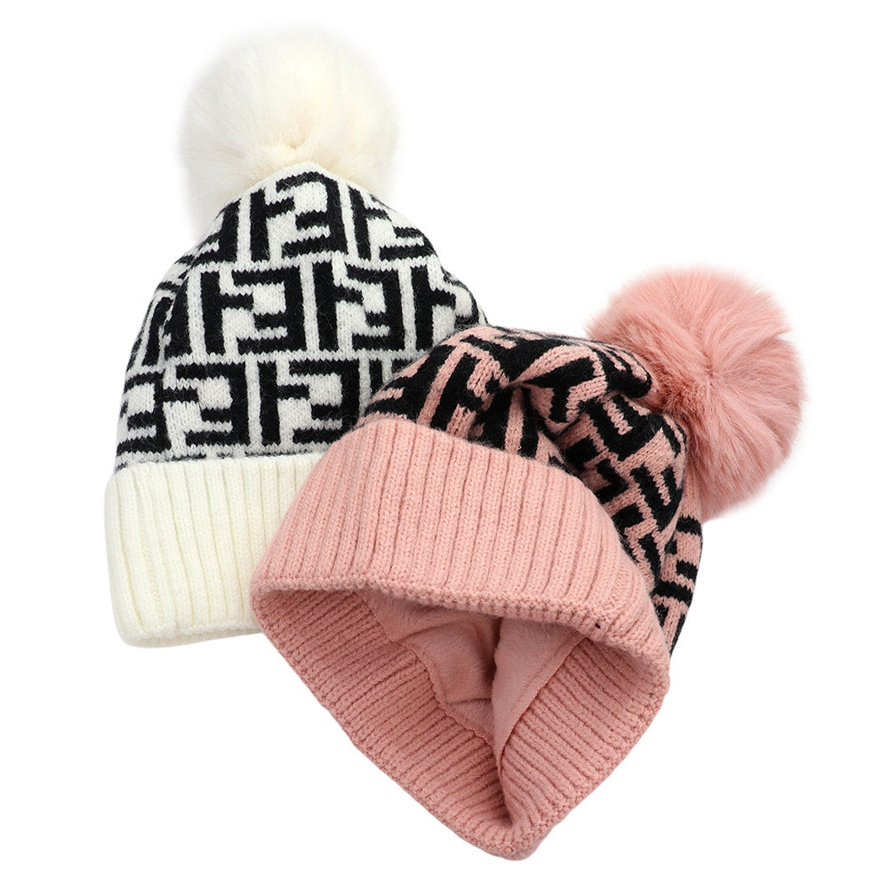 HATEGORY Greek Geometric Patterned Pom Pom Beanie Hat
