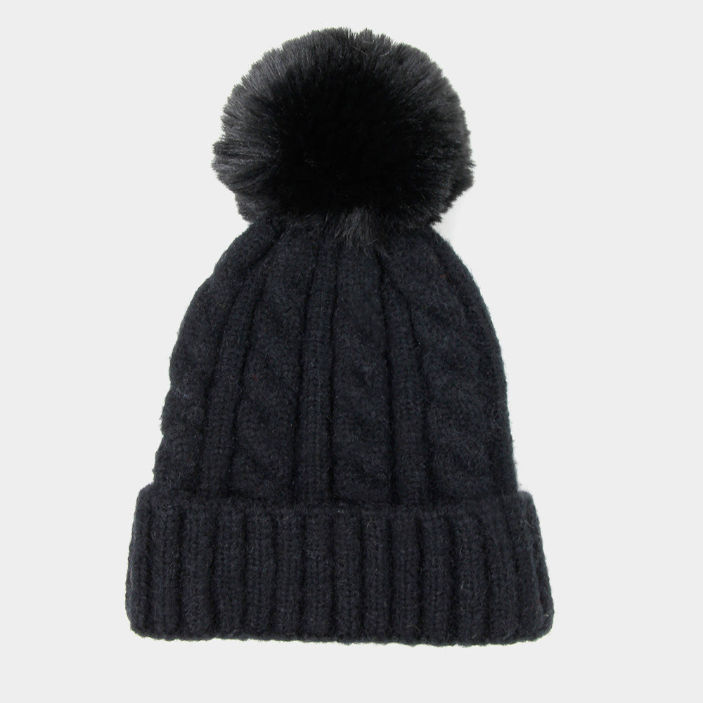 HATEGORY Cable Knit Pom Pom Solid Beanie Hat