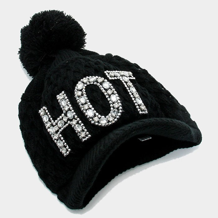 HATEGORY "Hot" Bling Crystal Knit Pom Pom Hat