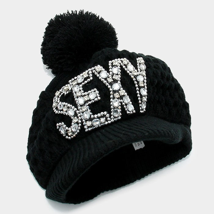 HATEGORY "Sexy" Bling Crystal Knit Pom Pom Hat