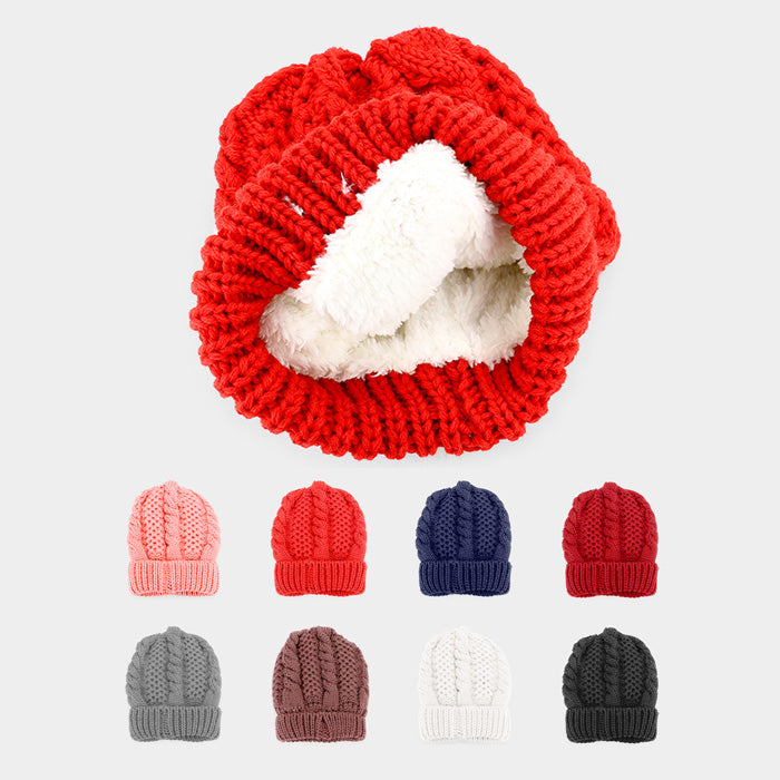 HATEGORY Soft Cable Knit Fur Lining Beanie