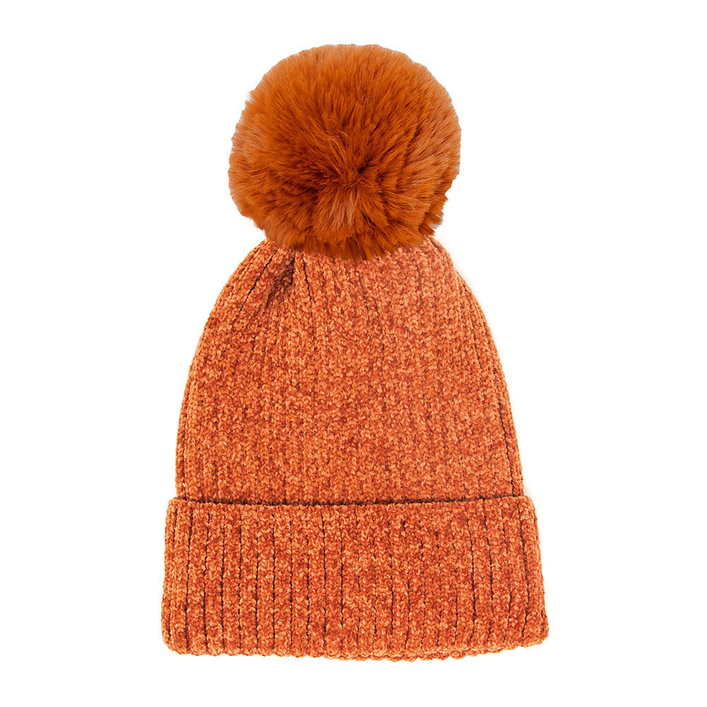 HATEGORY Solid Chenille Pom Pom Beanie Hat