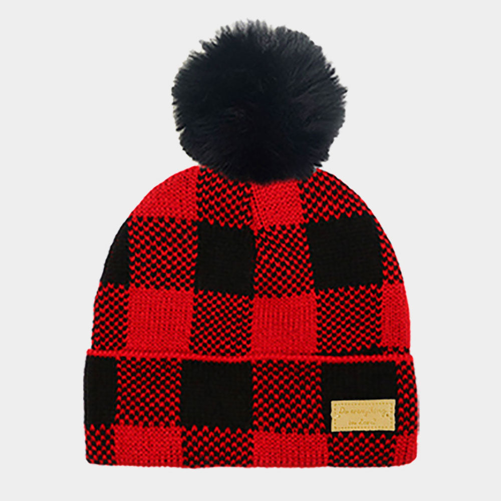 HATEGORY Buffalo Check Rib Faux Fur Pom Pom Beanie Hat