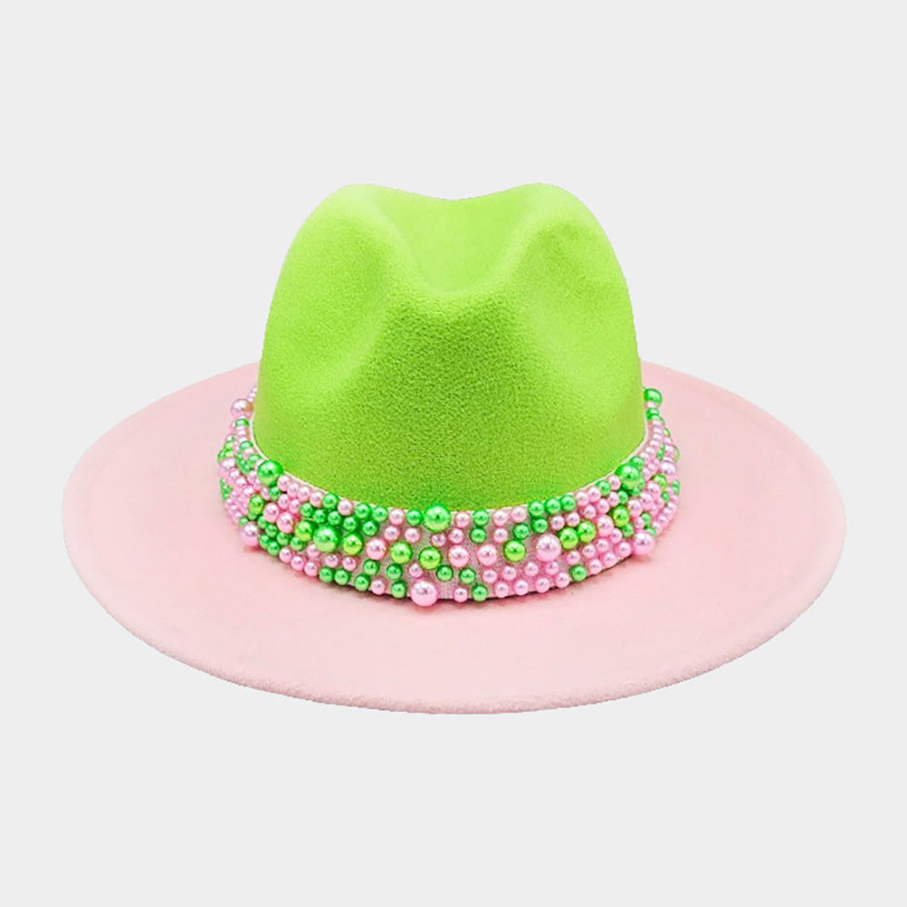 HATEGORY Pearl Embellished Band Pointed Color Block Fedora Hat