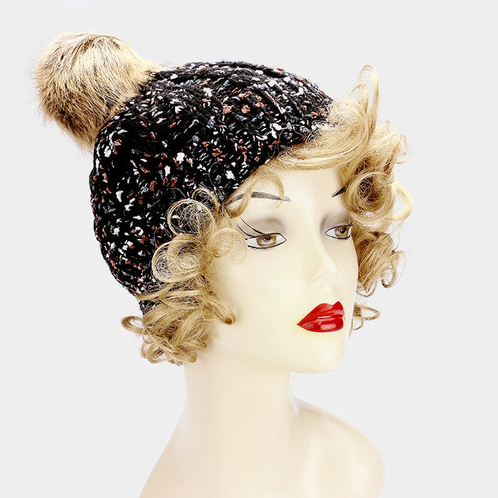 HATEGORY Multi-color knit beanie hat with furry pom pom