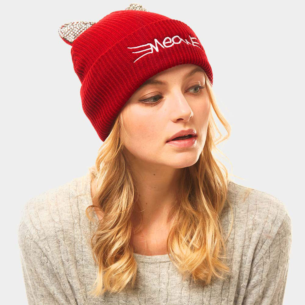 HATEGORY Meow Stone Cat Ear Solid Beanie Hat