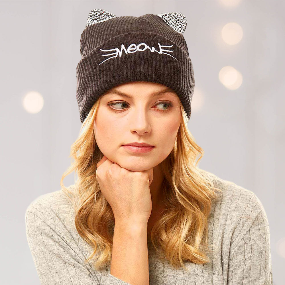 HATEGORY Meow Stone Cat Ear Solid Beanie Hat