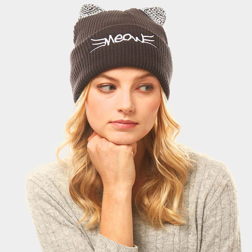 HATEGORY Meow Stone Cat Ear Solid Beanie Hat