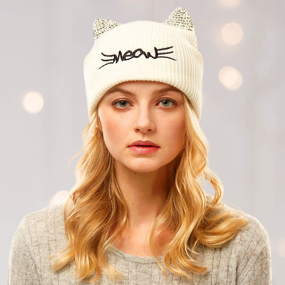 HATEGORY Meow Stone Cat Ear Solid Beanie Hat