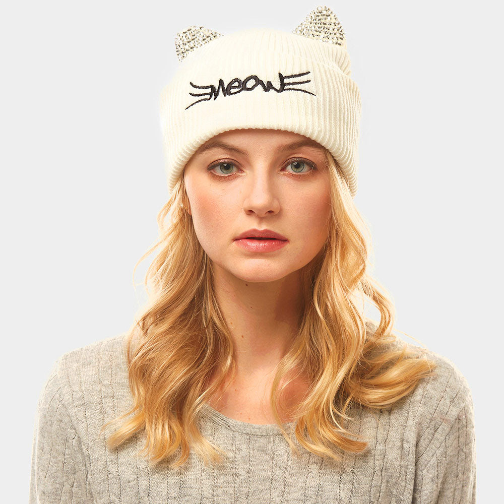HATEGORY Meow Stone Cat Ear Solid Beanie Hat