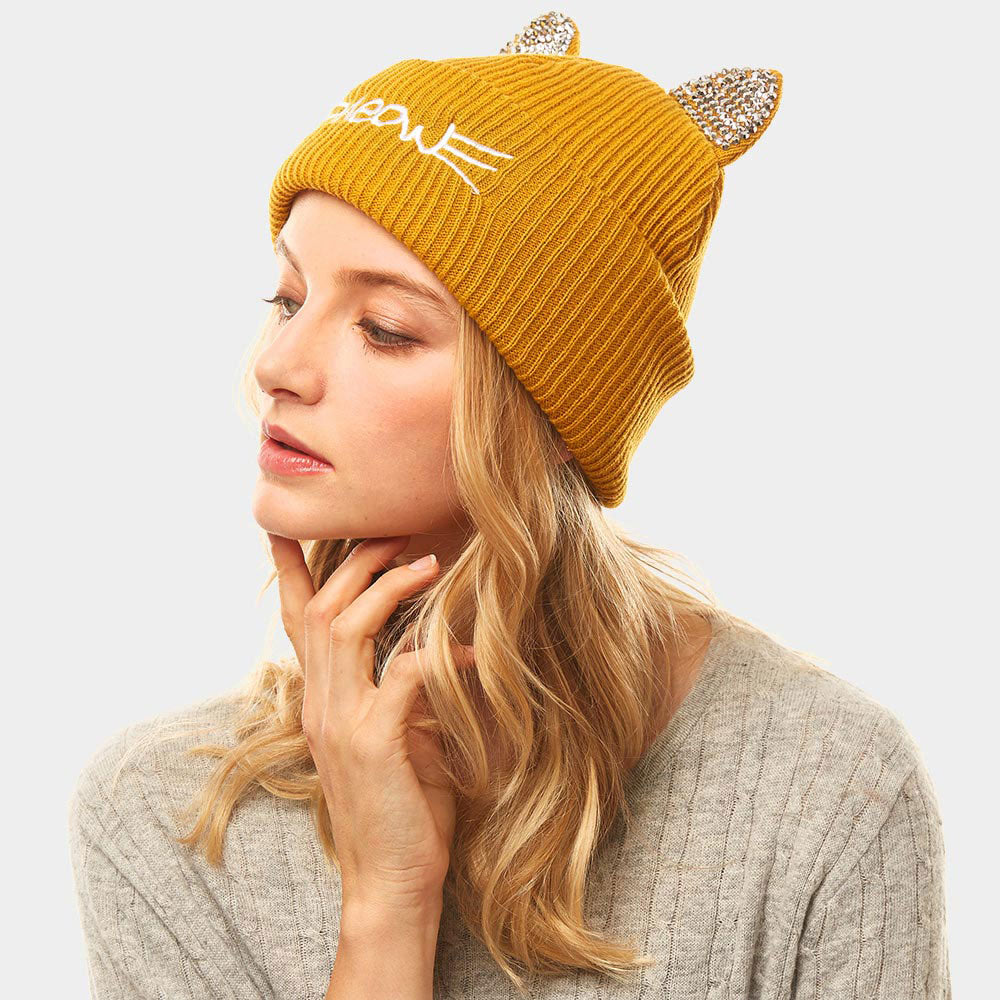 HATEGORY Meow Stone Cat Ear Solid Beanie Hat
