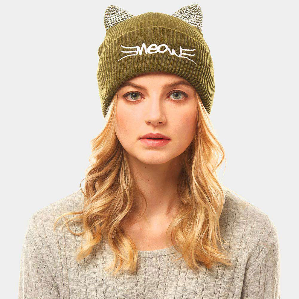 HATEGORY Meow Stone Cat Ear Solid Beanie Hat
