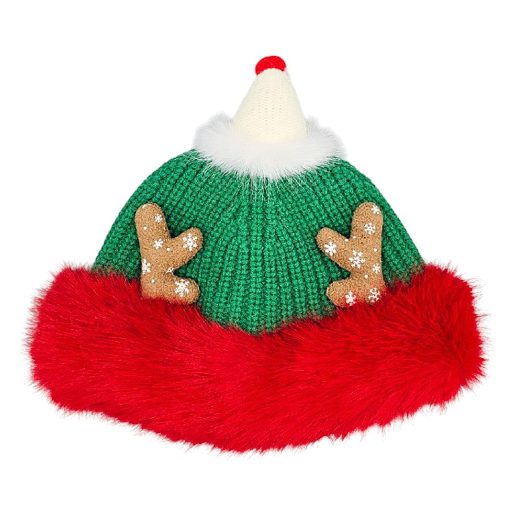 HATEGORY Fuzzy Fur Antlers Accent Christmas Knit Beanie Hat