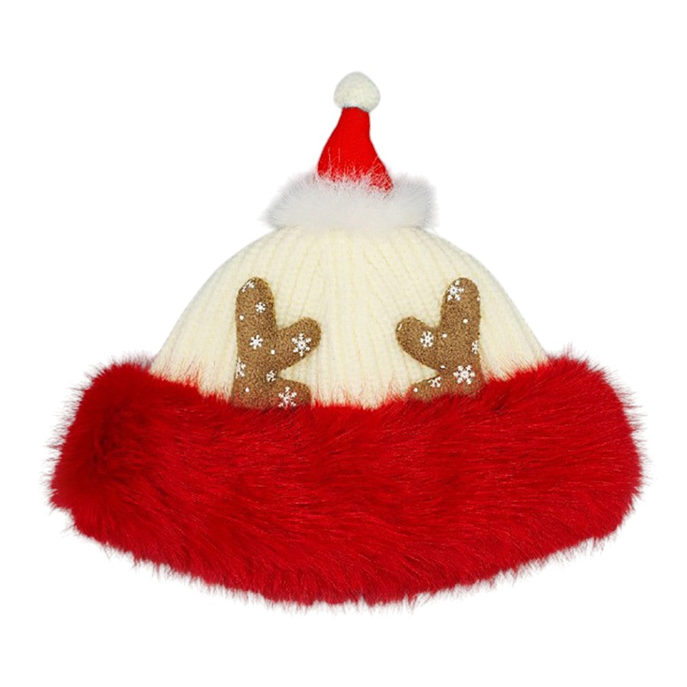 HATEGORY Fuzzy Fur Antlers Accent Christmas Knit Beanie Hat