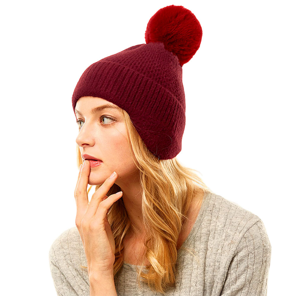 HATEGORY Solid Earflap Knit Pom Pom Beanie Hat