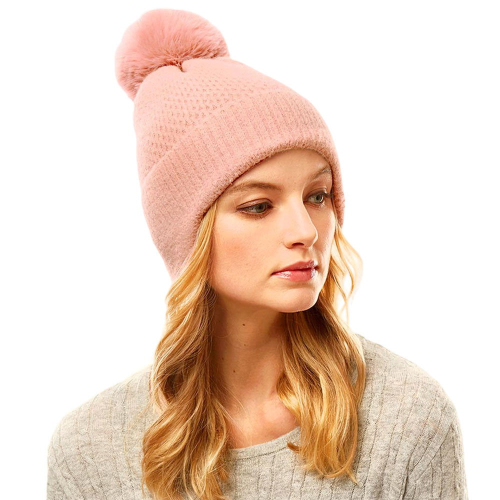 HATEGORY Solid Earflap Knit Pom Pom Beanie Hat