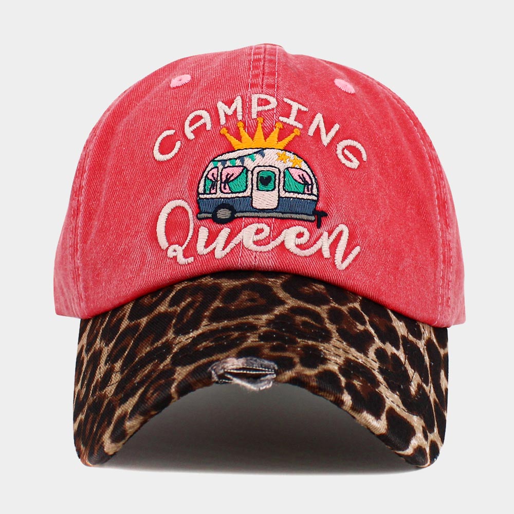 HATEGORY CAMPING QUEEN Message Leopard Vintage Baseball Cap