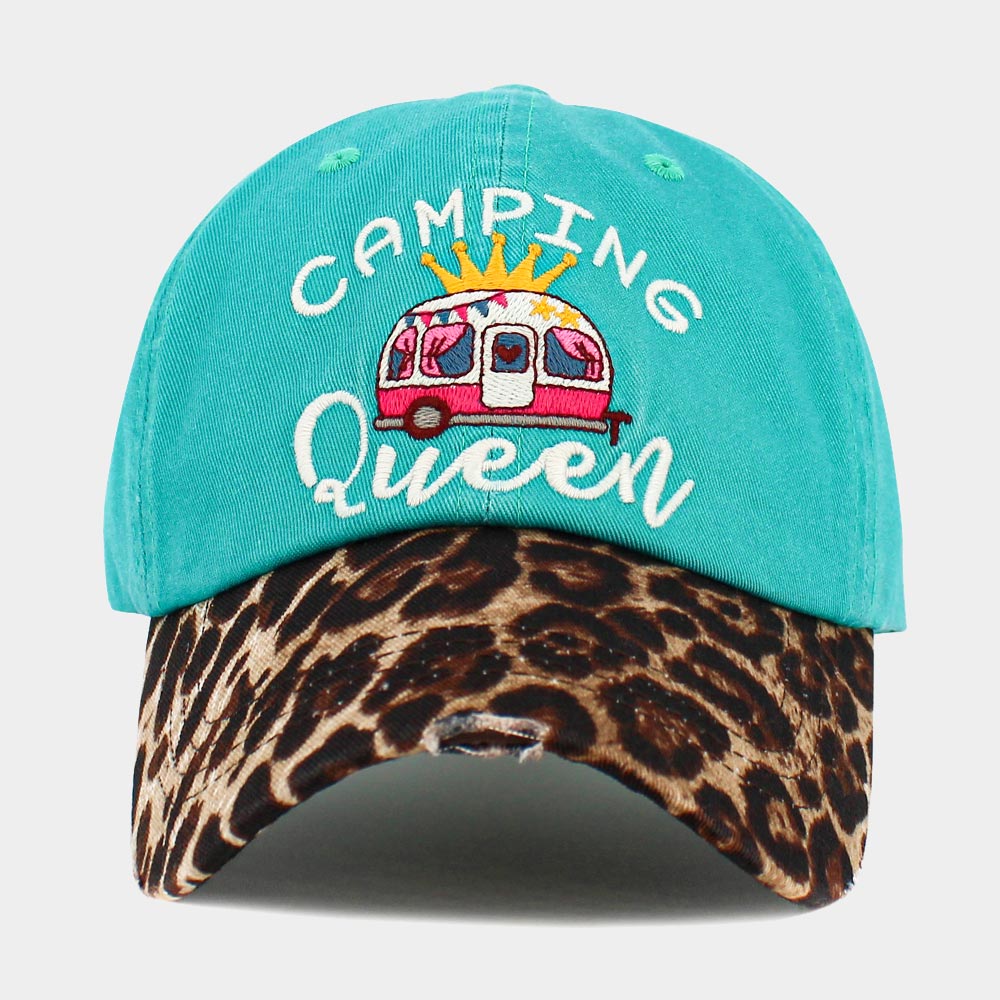 HATEGORY CAMPING QUEEN Message Leopard Vintage Baseball Cap