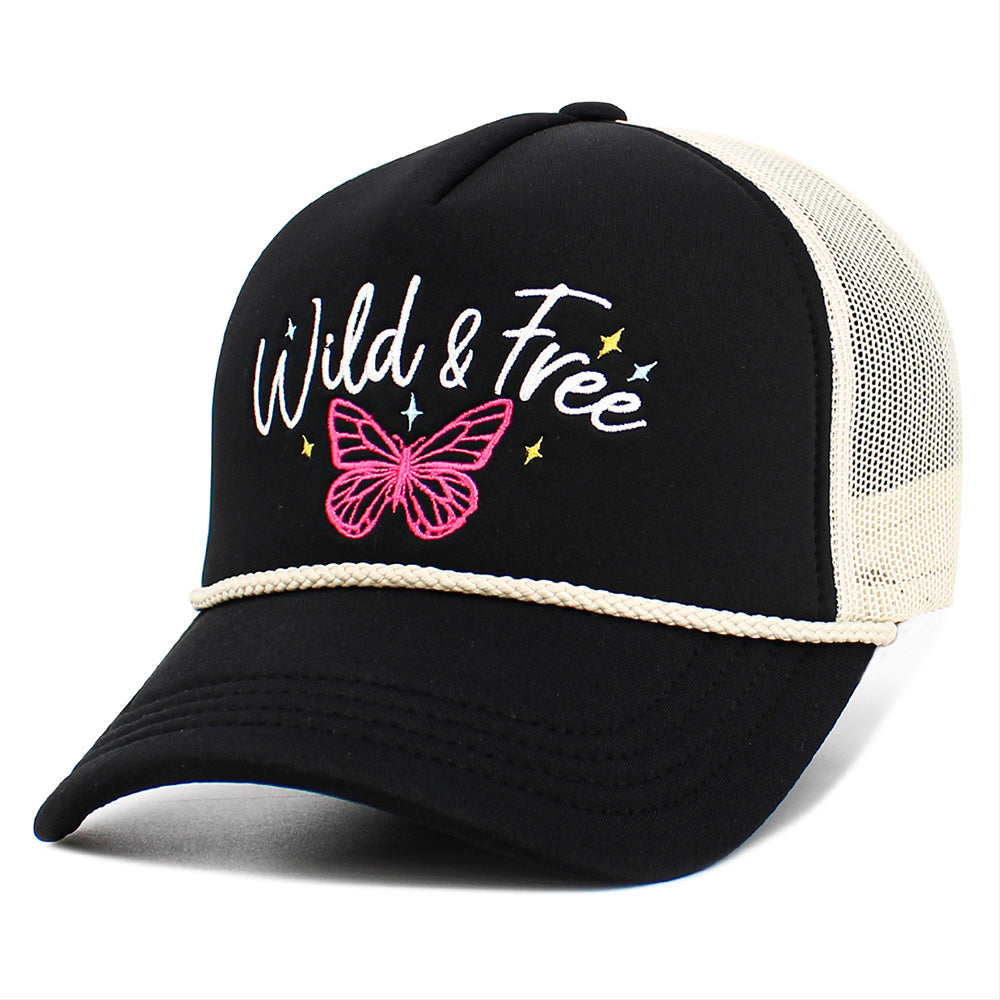 HATEGORY WILD FREE Message Butterfly Embroidered Mesh Back Trucker Hat