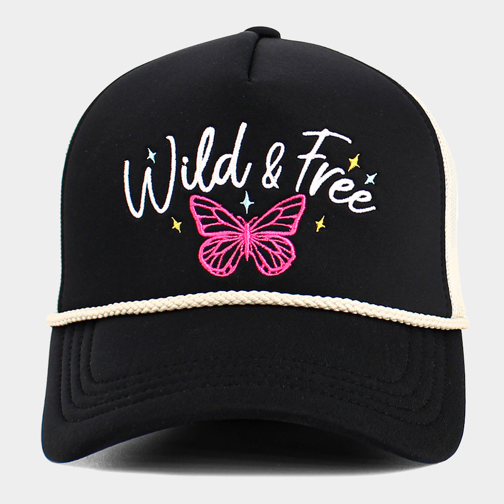 HATEGORY WILD FREE Message Butterfly Embroidered Mesh Back Trucker Hat