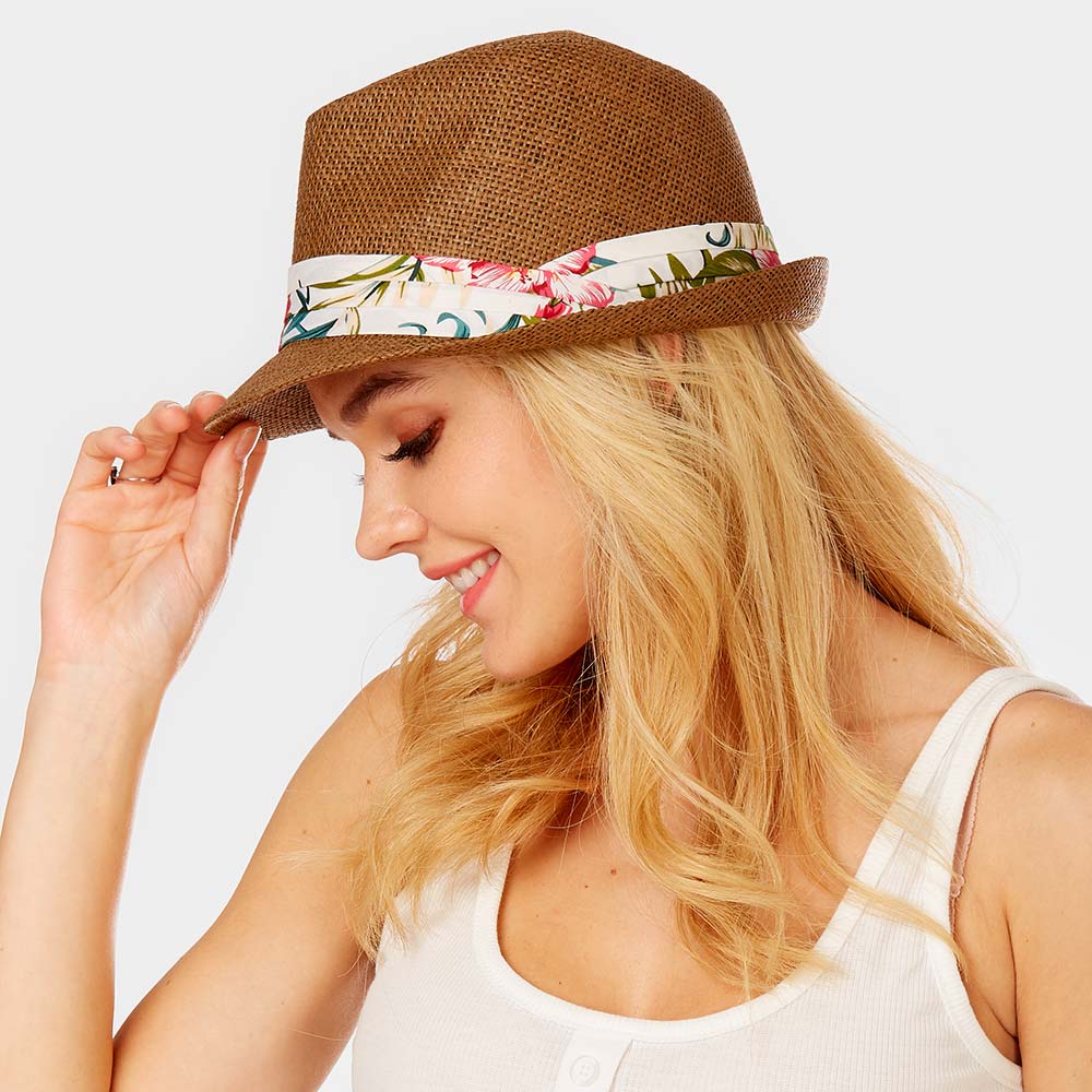 HATEGORY Tropical Leaves Print Band Summer Straw Fedora Hat