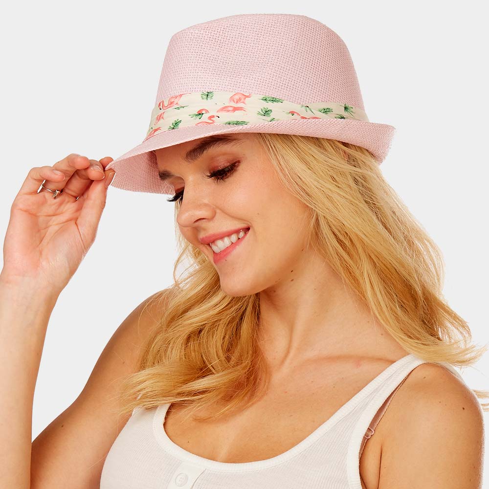 HATEGORY Flamingo Print Band Summer Straw Fedora Hat