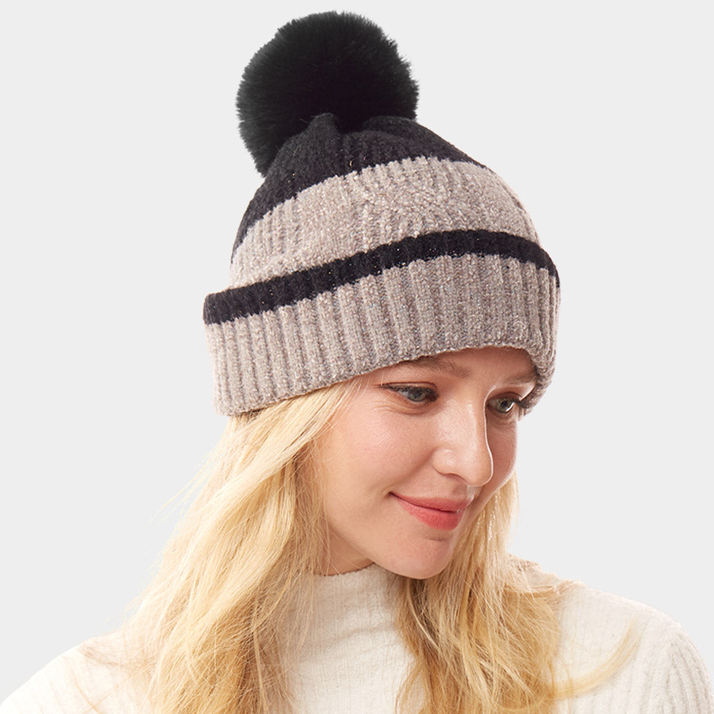 HATEGORY Colorful Lurex Accented Two Tone Knit Pom Pom Beanie Hat
