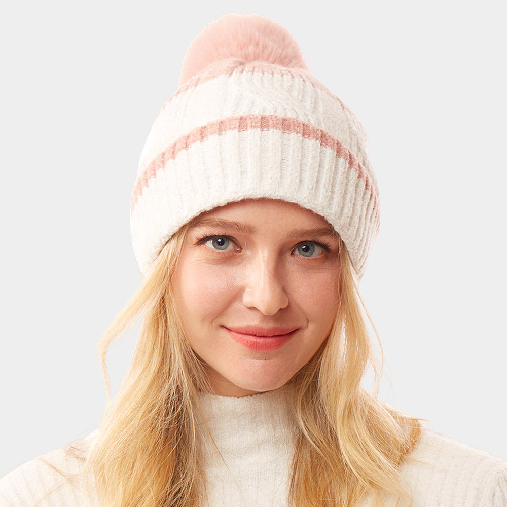 HATEGORY Colorful Lurex Accented Two Tone Knit Pom Pom Beanie Hat