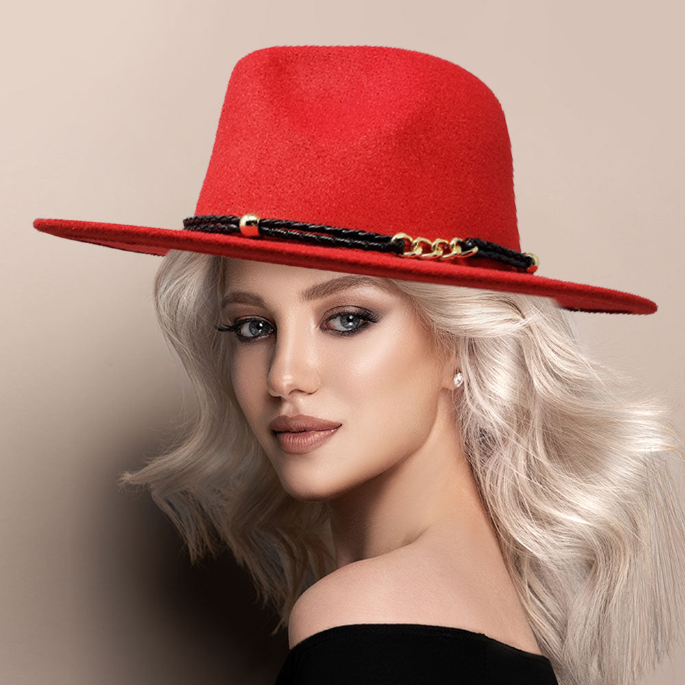 HATEGORY Faux Leather Chain Link Pointed Felt Rancher Panama Hat