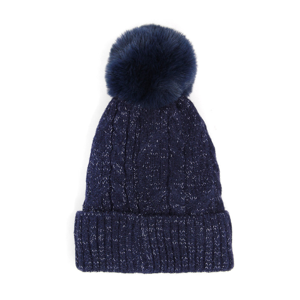 HATEGORY Lurex Accented Solid Cable Knitted Pom Pom Beanie Hat